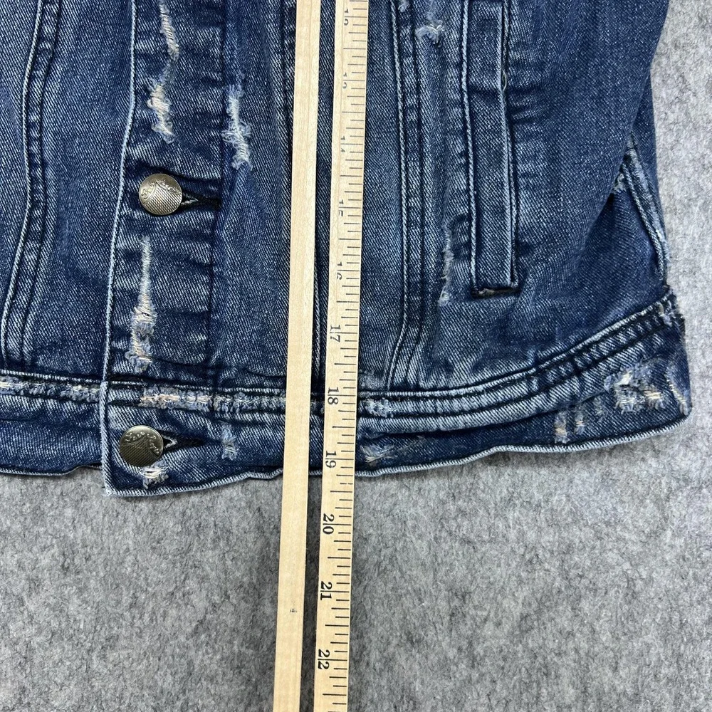 Free People Jacket Womens S Blue Denim Jean Hooded Knit Sleeve Distressed - Picture 15 of 16